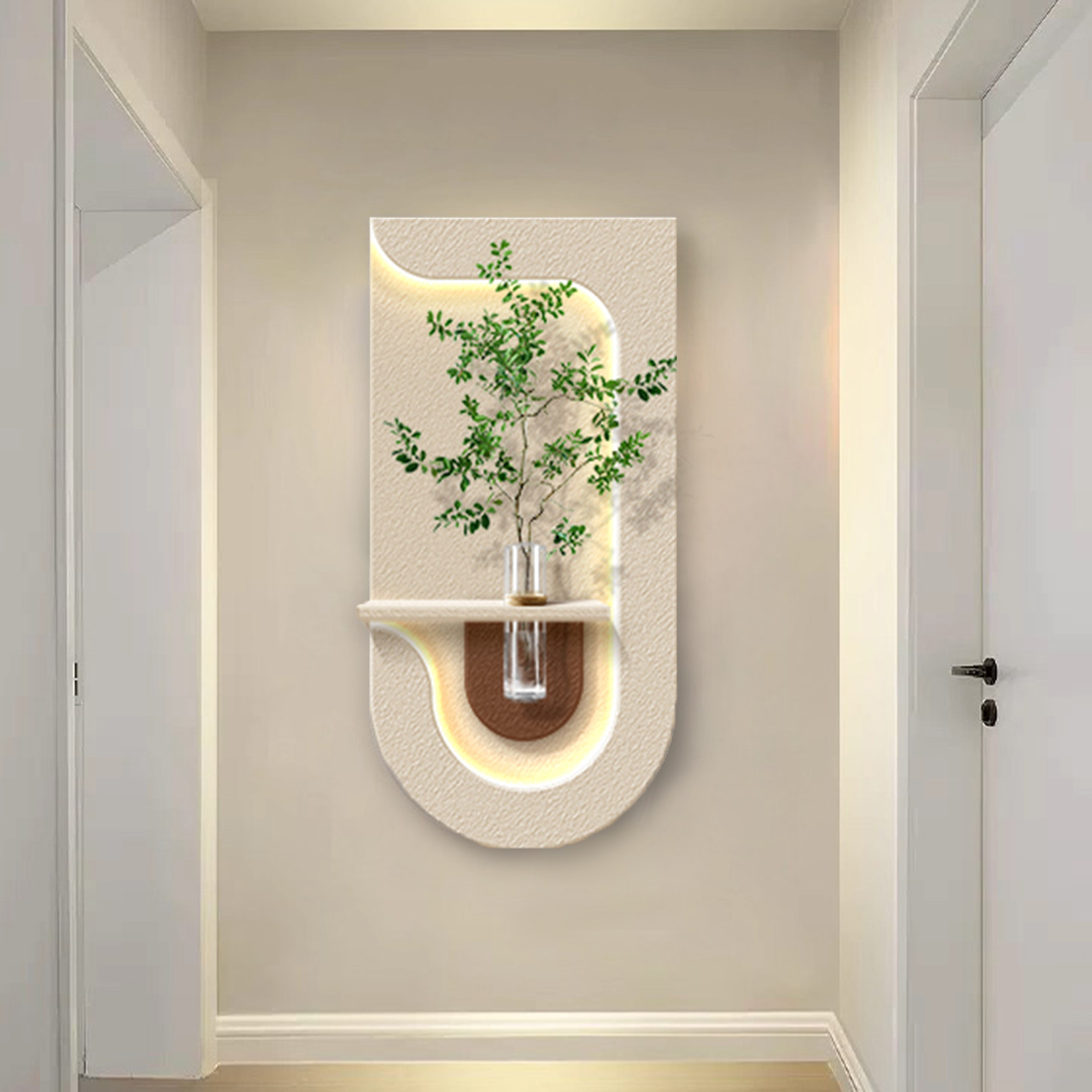 奶油风水培绿植砂岩玄关挂画立体竖版走廊过道灯画入户玄关装饰画