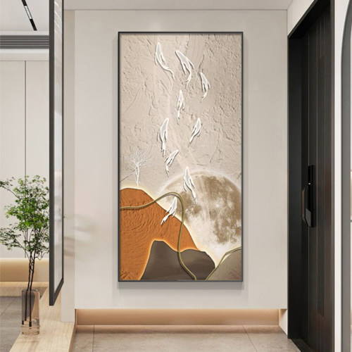 九鱼图玄关装饰画现代简约走廊过道挂画侘寂风入户门竖款装饰壁画