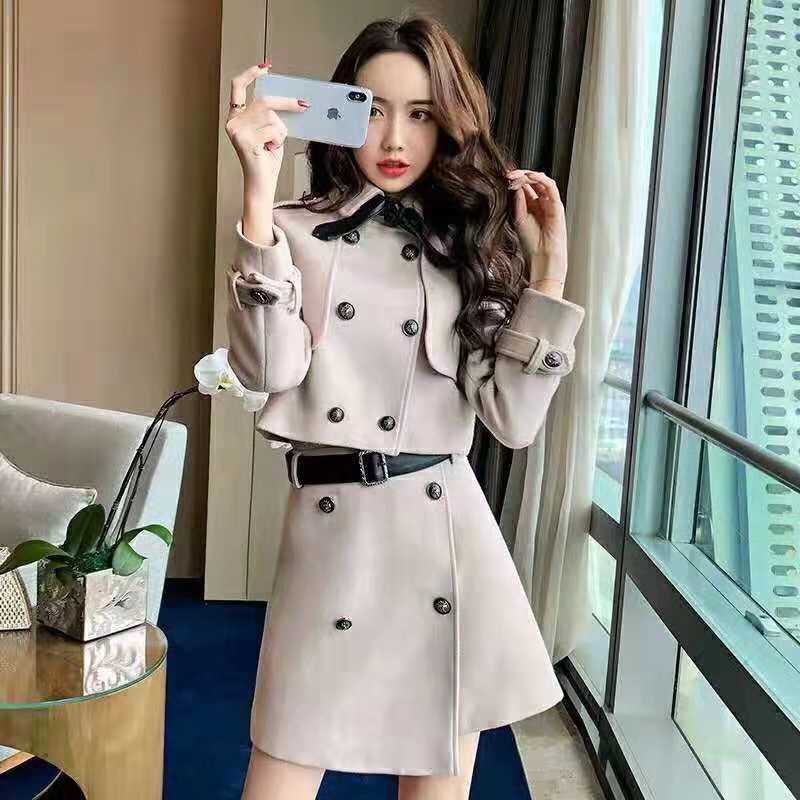 欧洲站2024春新款复古小翻领羊毛毛呢短款外套半身裙时尚套装女