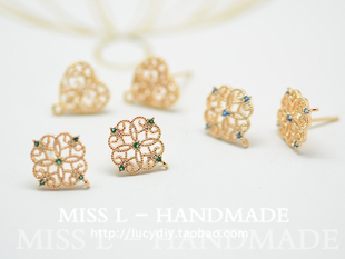 V165 925银针彩锆方形蕾丝花片耳钉 18K包金镀18K金镀金DIY 一对