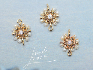 1枚 18K包金配件镀18K金绕线DIY SZ203 珍珠蕾丝方形花片吊坠