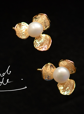 V459 镶天然珍珠925银针小花耳钉 18K包金镀18K金镀金DIY一对