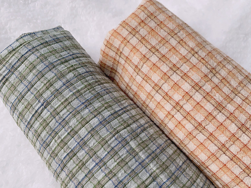 泡泡纱棉布黄绿色格子