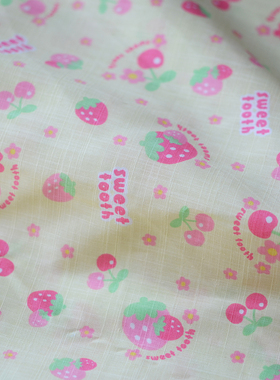 LB54 黄色底草莓樱桃棉布 DIY娃衣 衣服布料面料布头辅料OB11