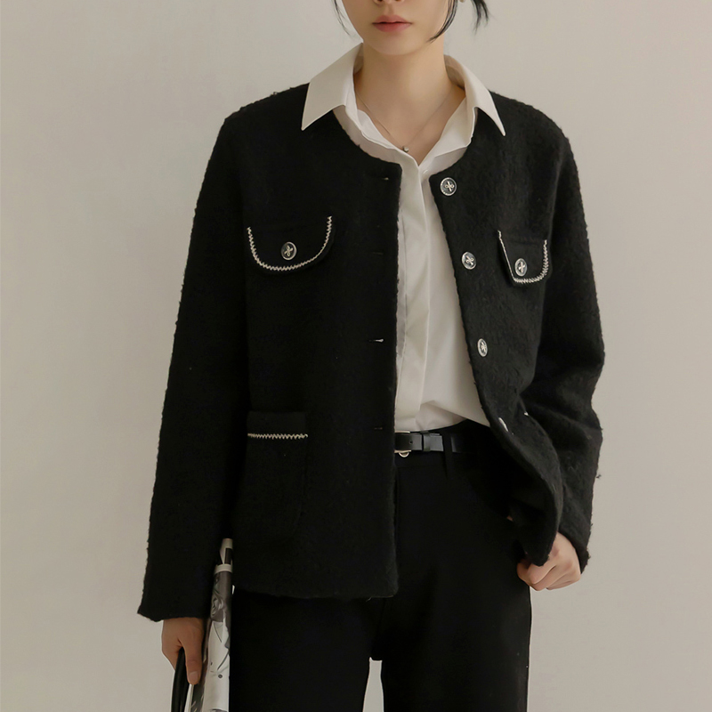 韩国代购大码女装2025靓丽冬装新款圆领系扣时尚淑女配色外套特17