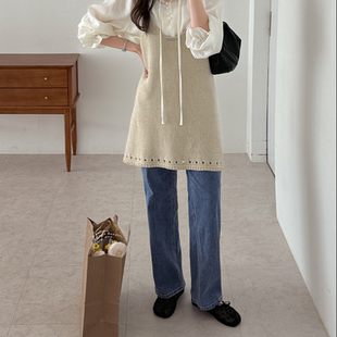 系扣内松紧显瘦弹力直通仔裤 韩国代购 特 新款 2026靓丽春装 大码 女装