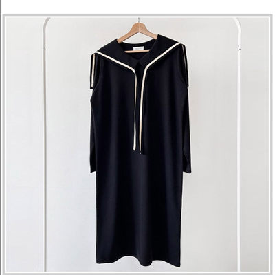 韩国代购大码女装2025靓丽冬装新款海军领系带宽松想休闲连衣裙特