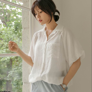 2025靓丽夏装 大码 衬衫 韩国代购 下摆抽绳短款 新款 女装 翻领系扣时尚