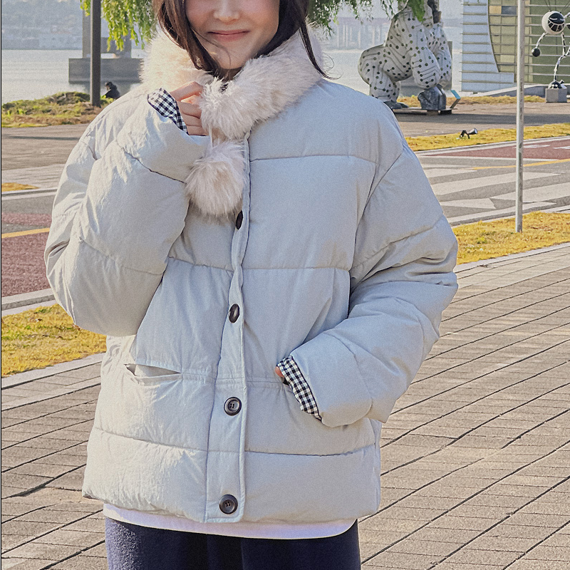 韩国代购大码女装2025靓丽冬装新款无领拉链格子羽绒棉保暖棉衣特