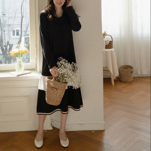 新款 韩国代购 2026靓丽早春装 女装 圆领宽松显瘦配色淑女连衣裙 大码