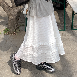 2026靓丽春装 韩国代购 大码 女装 松紧腰格子木耳边淑女半身裙特 新款