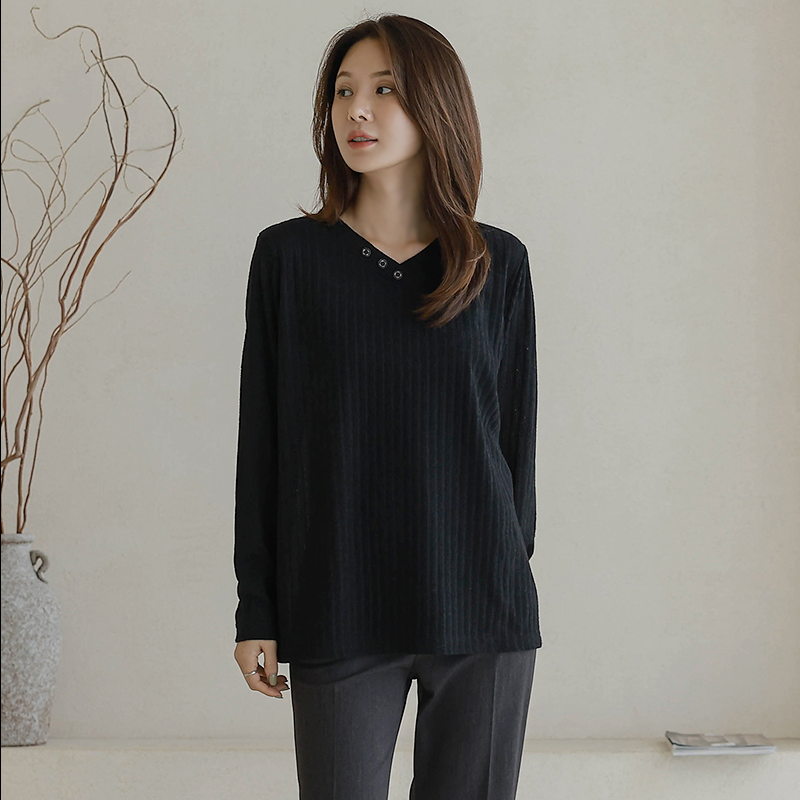 韩国代购大码女装2026靓丽冬装新款V领小扣装饰淑女条纹长袖T恤特,女装/女士精品,T恤,淘宝优惠券,粉丝福利购,淘宝优惠卷
