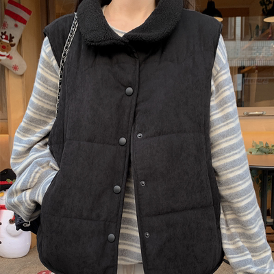 韩国代购大码女装2025靓丽冬装新款翻领羊羔绒系扣保暖休闲马甲特