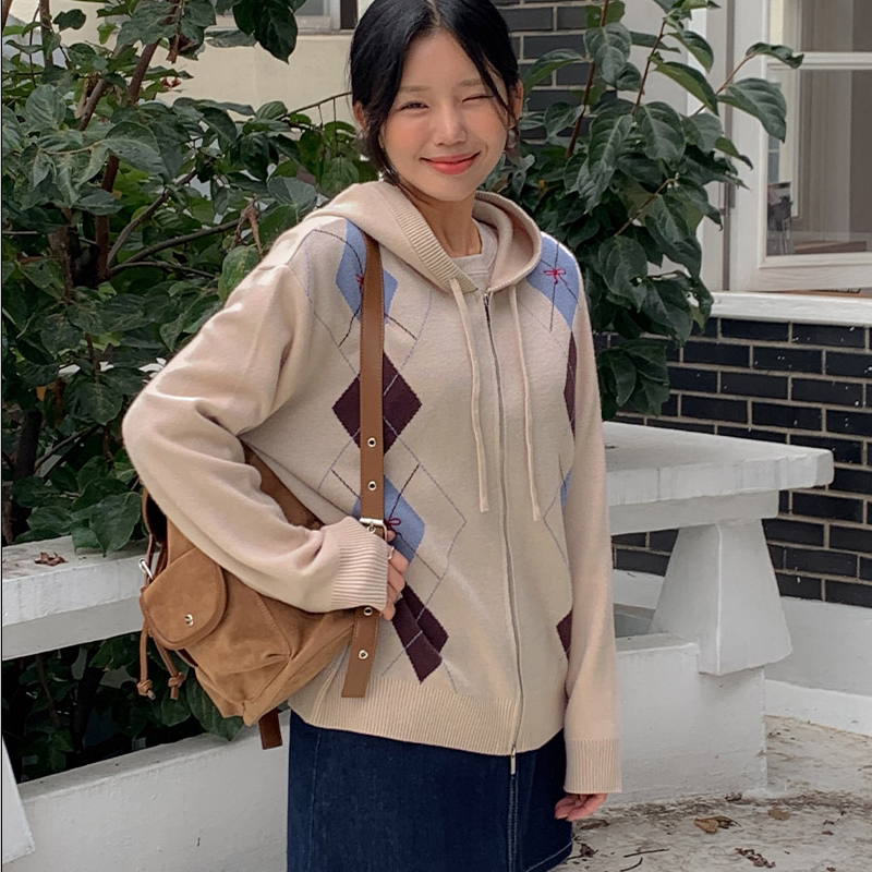 韩国代购大码女装2025靓丽秋装新款连帽拉链显瘦菱形格子针织外套