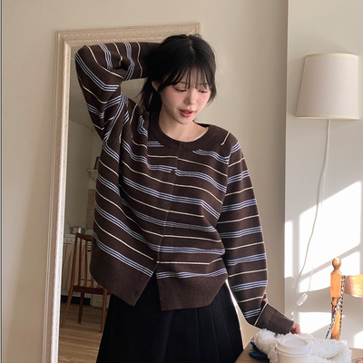 韩国代购大码女装2025靓丽夏装新款圆领系扣宽松条纹短款针织外套