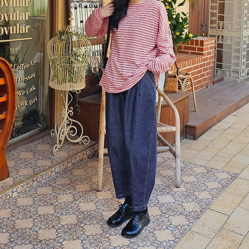 韩国代购大码女装2026靓丽早春装新款系扣后松紧牛仔香蕉9分裤特