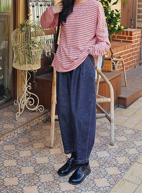 韩国代购大码女装2026靓丽早春装新款系扣后松紧牛仔香蕉9分裤特