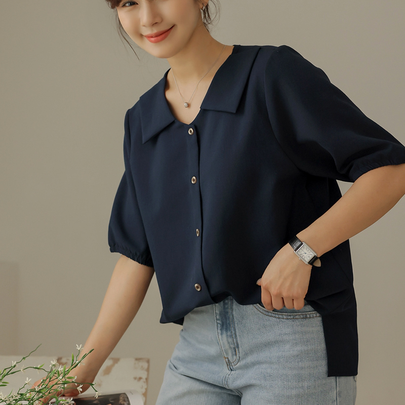 韩国代购大码女装2026靓丽夏装新款翻领系扣宽松气质淑女短袖衬衫