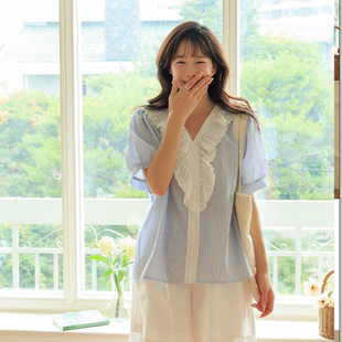 韩国代购大码女装2026靓丽夏装新款V领花边时尚淑女条纹短袖衬衫