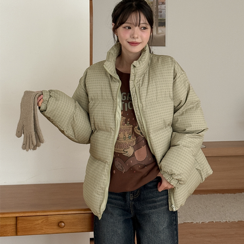 韩国代购大码女装2025靓丽冬装新立领拉链显瘦格子羽绒棉保暖棉衣