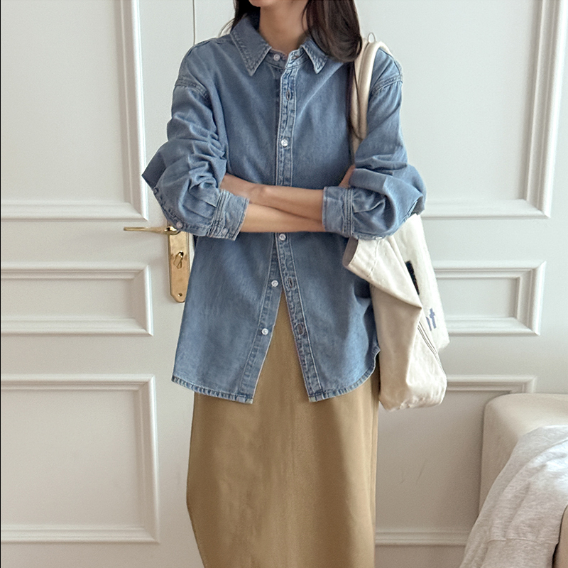 韩国代购大码女装2026靓丽冬装新款翻领系扣宽松时尚牛仔衬衫特87,女装/女士精品,衬衫,淘宝优惠券,粉丝福利购,淘宝优惠卷