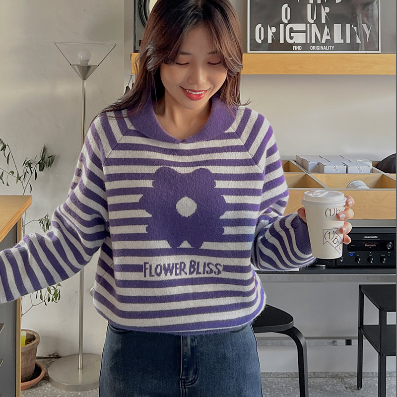 韩国代购大码女装2025靓丽冬装新款娃娃领套头时尚花朵针织毛衣特