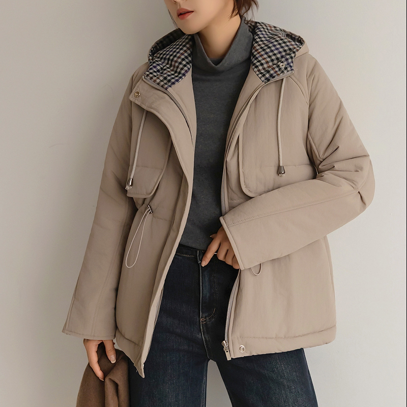 韩国代购大码女装2025靓丽冬装新款连帽格子拉链抽绳保暖棉衣特17