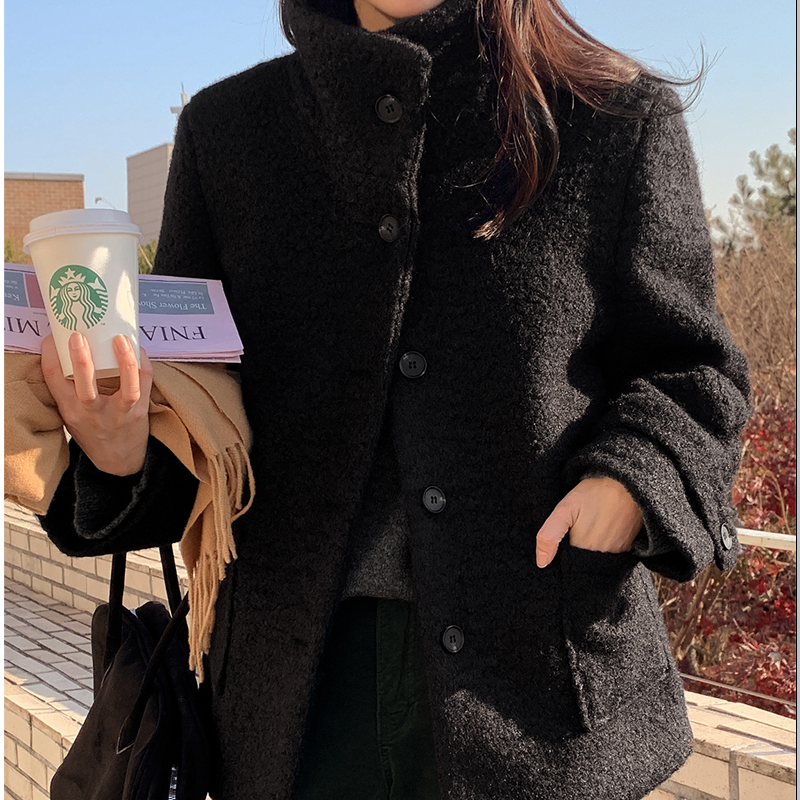 韩国代购大码女装2025靓丽冬装新款立领系扣时尚口袋加棉外套特87