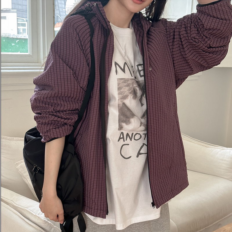 韩国代购大码女装2026靓丽冬装新款连帽拉链宽松格子薄休闲外套特