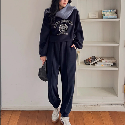 韩国代购大码女装2025靓丽冬装新款圆领保暖字母卫衣休闲长裤套装