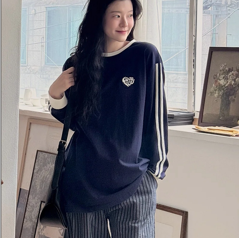 韩国代购大码女装2026靓丽夏装新圆领显瘦宽松条纹纯棉长袖T恤特