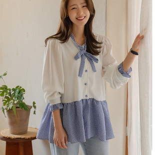配色蝴蝶结淑女假两件衬衫 韩国代购 特 新款 2026靓丽早春装 大码 女装