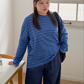 圆领纯棉宽松条纹休闲长袖 韩国代购 T恤 2026靓丽冬装 新款 大码 女装