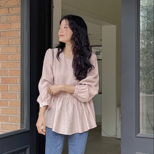 韩国代购大码女装2026靓丽冬装新款圆领后系扣时尚拼接淑女衬衫特