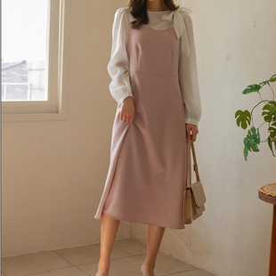 新款 韩国代购 2026靓丽早春装 女装 圆领蝴蝶结配色淑女连衣裙特 大码