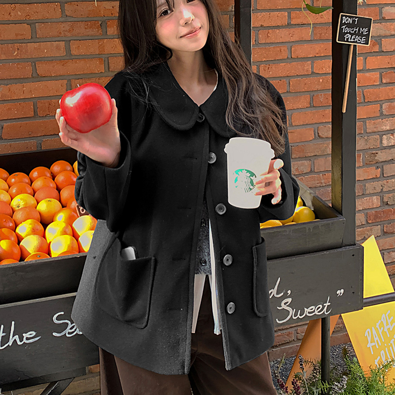 韩国代购大码女装2025靓丽冬装新款娃娃领系扣毛呢时尚加棉外套特