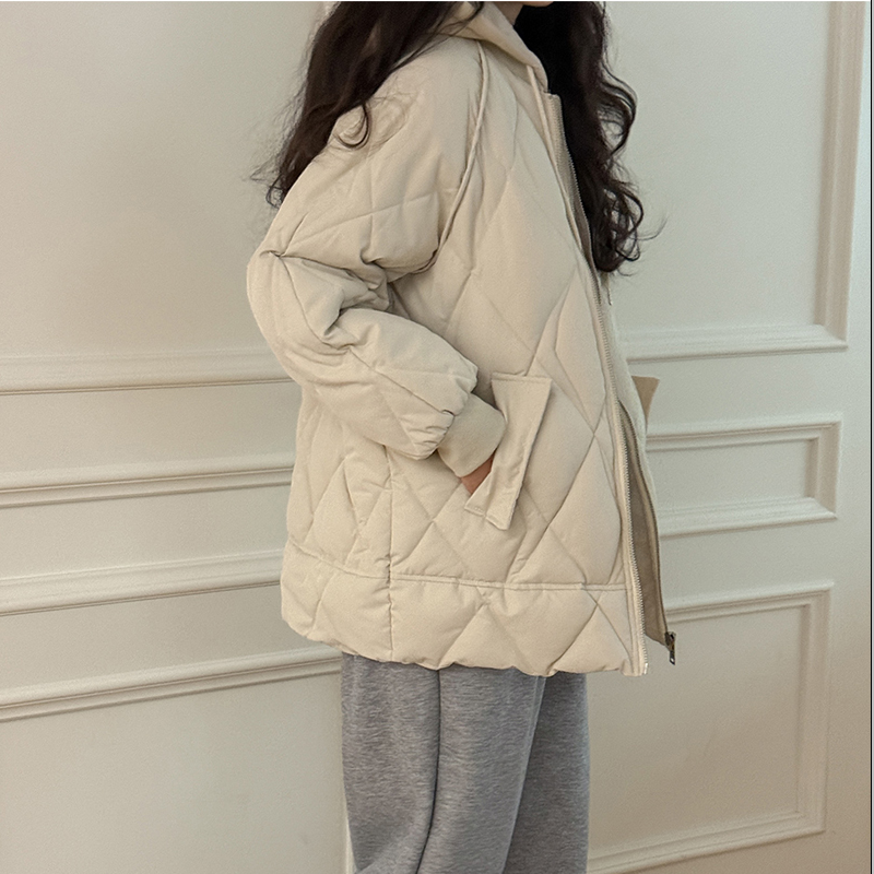 韩国代购大码女装2026靓丽冬装新款连帽配色拉链宽松格子配色棉衣