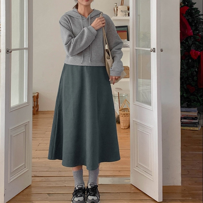 韩国代购大码女装2025靓丽冬装新款连帽抽绳宽松加绒假两件连衣裙