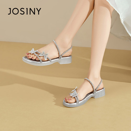 JOSINY蝴蝶结一字带水钻凉鞋女