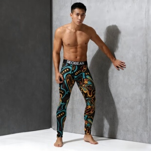男士薄款秋裤时尚低腰性感男式打底裤紧身保暖裤运动弹力印花青年