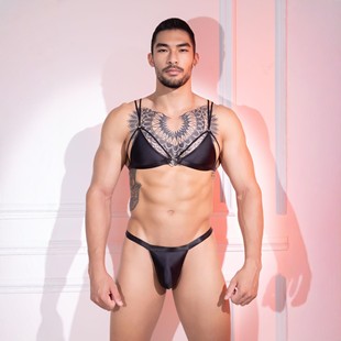 欧美性感文胸男士黑色白色丁字裤吊带内衣男生镂空胸罩胸衣三点式