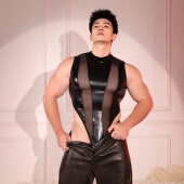 男士 性感透视网纱拼接塑身连体衣高弹紧身夜店酒吧表演服欧美男生