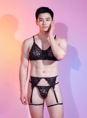 性感蕾丝丁字裤男青年黑色低腰绑带男士性感内裤透明诱惑吊袜带潮