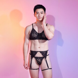 性感蕾丝丁字裤男青年黑色低腰绑带男士性感内裤透明诱惑吊袜带潮