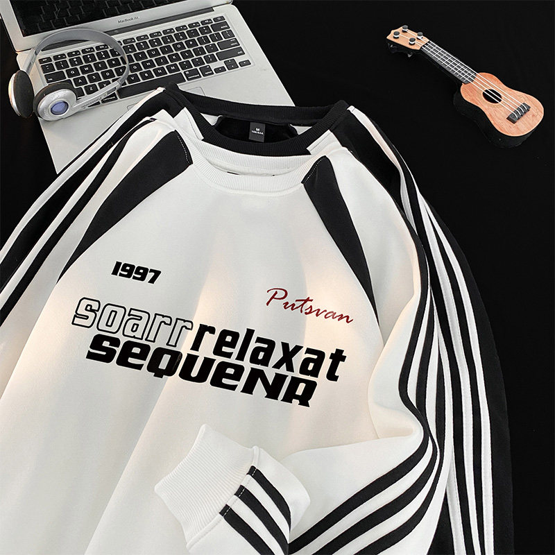 美式潮牌直播抖音得物三条杠拼接织带圆领宽松卫衣W2430P45加绒50，男装卫衣，电商C408-1(原B339-1)