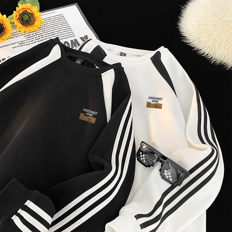 已注册潮牌直播抖音三条杠拼接织带圆领宽松卫衣W2461P45加绒50，男装卫衣，电商C408-1(原B339-1)