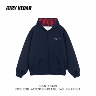 ATRY HEOAR国潮牌美式复古高街撞色格子拼接连帽卫衣男女开衫外套