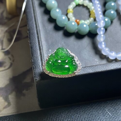 天然A货翡翠-纯银度金镶嵌满色帝王绿佛公戒指高品质玉石开口戒礼