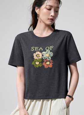 绝配新款女士夏季圆领短袖短款纯棉半袖6687休闲气质花朵印花T恤