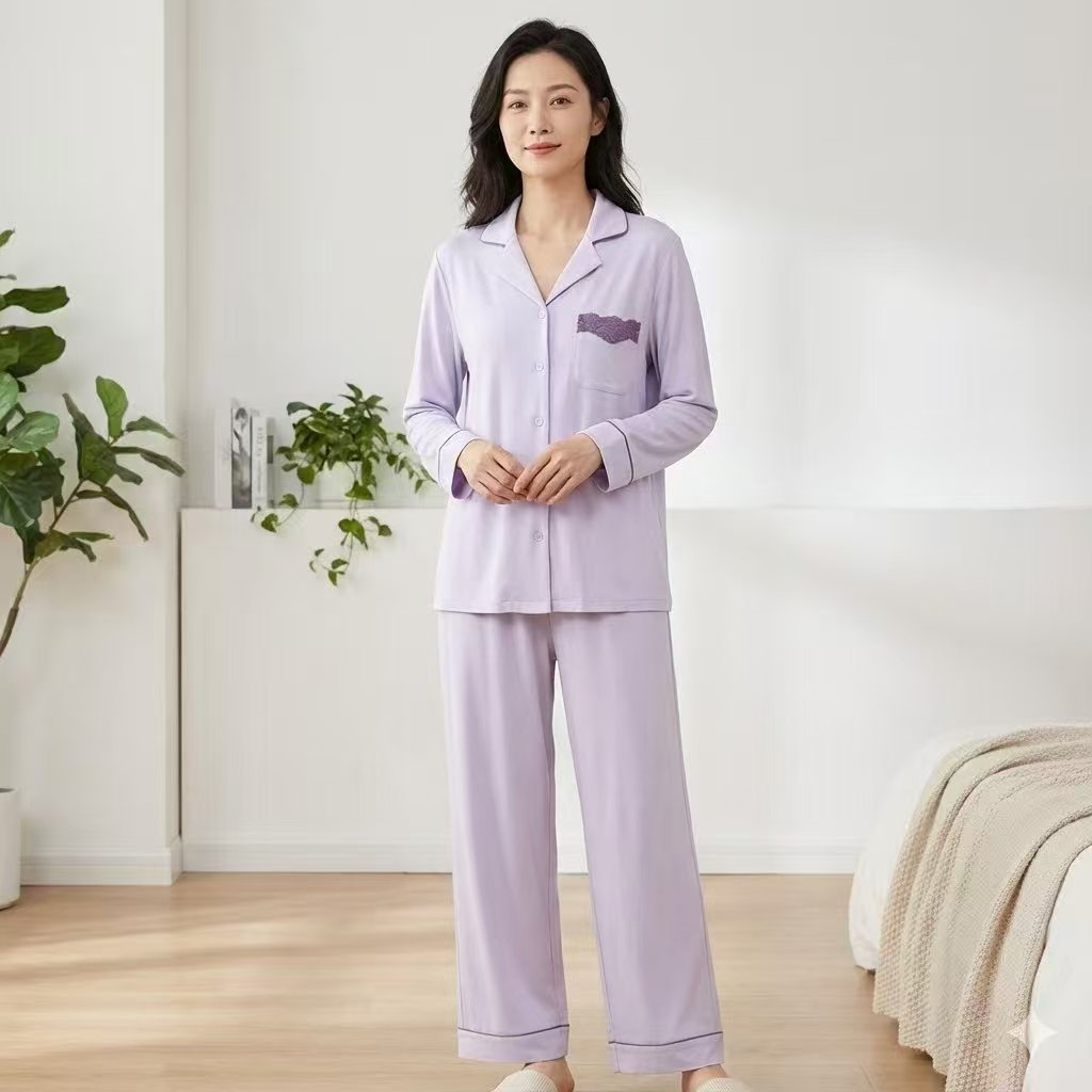 春秋新款女士莫代尔棉家居服套装高级甜美蕾丝长袖翻领开衫睡衣